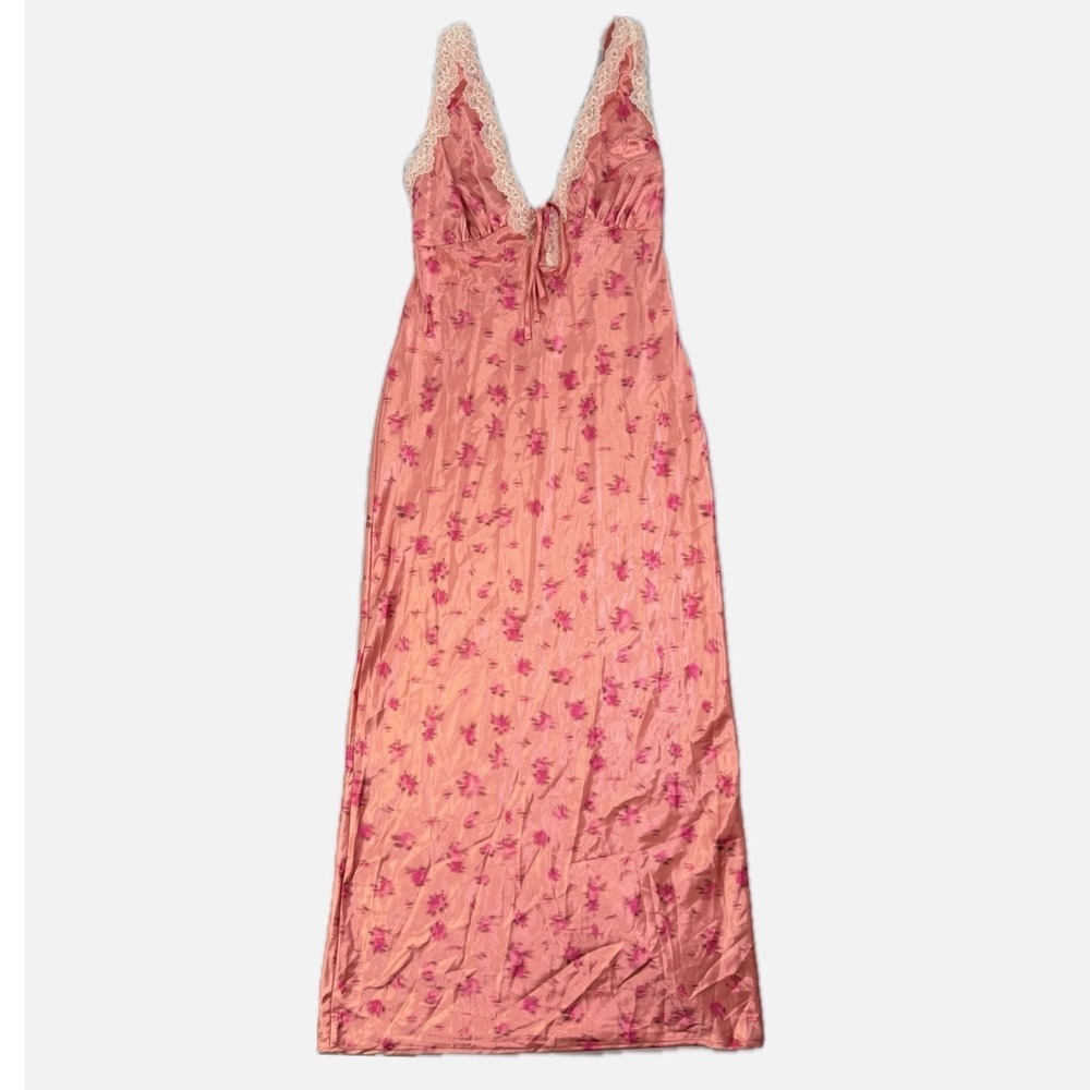 NWT - Wild Fable Pink Floral Satin Maxi Slip Dress Lace Trim V-Neck Size M